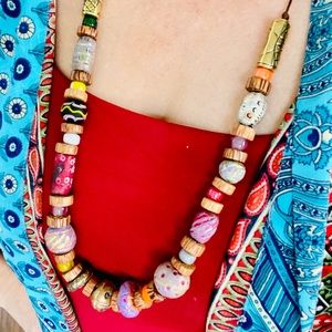 Handmade chunky bold rustic beaded necklace neutral colors brown pink pastel